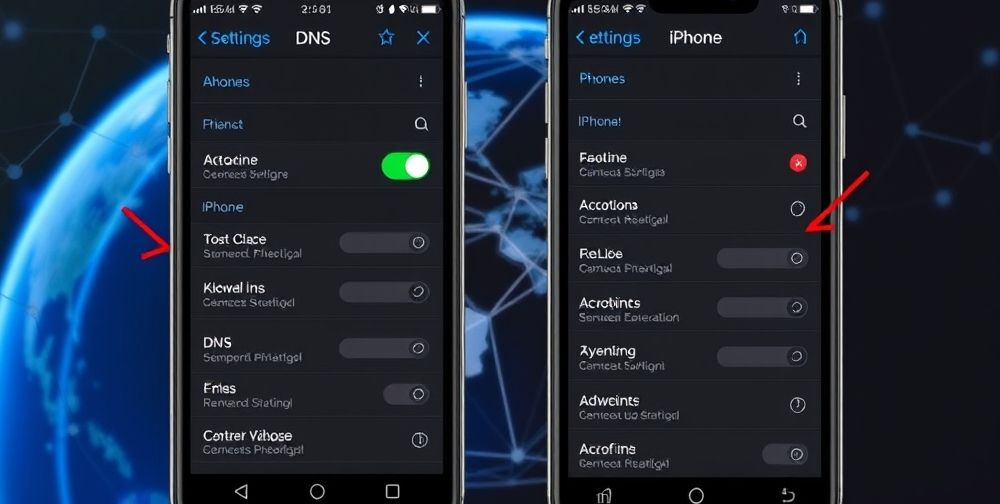 A detailed mobile interface showing an Android phone and an iPhone side by side; each screen displays DNS settings being modified, with explanatory annotations, finger icons pointing to correct options, and a subtle digital globe network in the background.