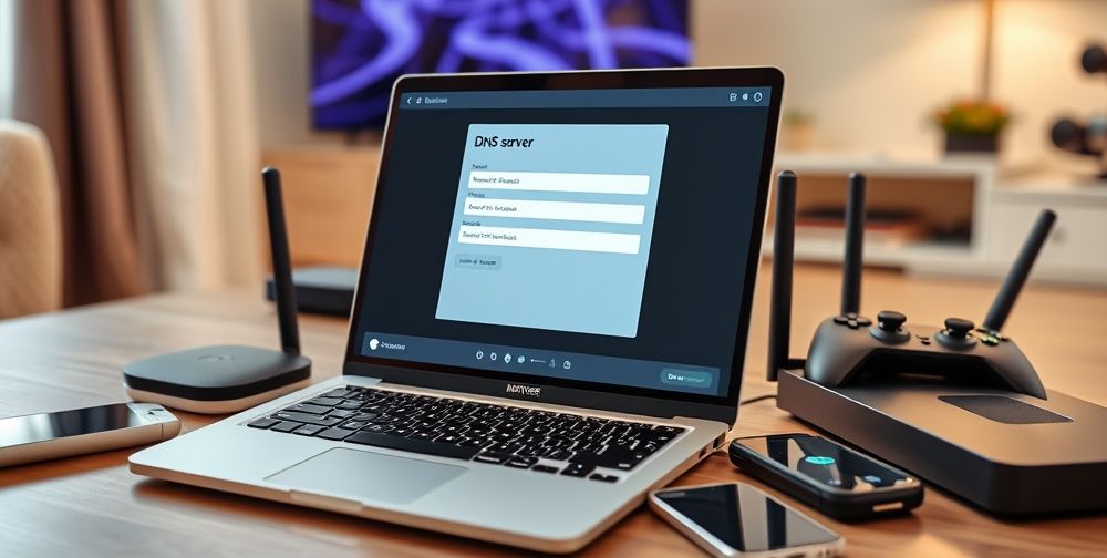 A close-up shot of a popular home router interface open on a laptop screen, with highlighted DNS server input fields; several smart devices such as a smart TV, gaming console, and smartphones around, all connected wirelessly.