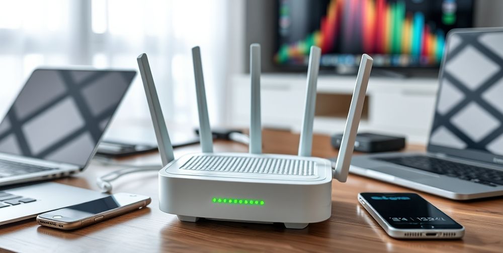 A close-up of a modern wireless modem on a desk, with indicator lights glowing green, surrounded by various digital devices (laptops, smartphones, smart TVs) to visually emphasize network sharing.