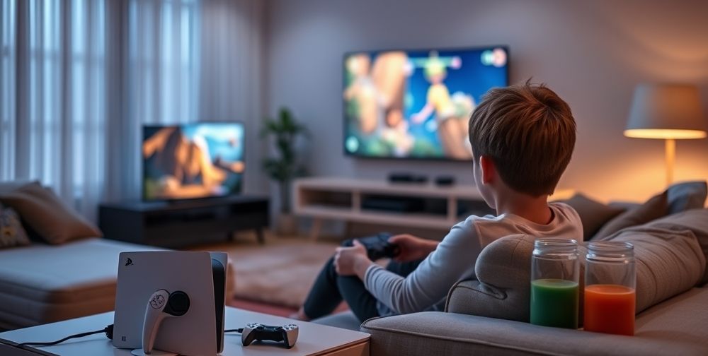 A modern living room with a PlayStation 5 console, soft ambient lighting, a young person comfortably playing, the screen glowing with a colorful adventure game, snacks and soft drinks nearby.