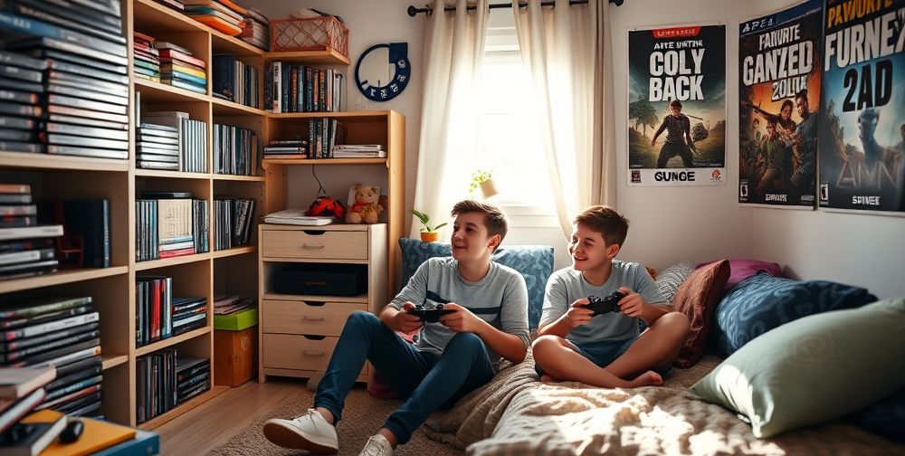 A cozy youth bedroom, shelves lined with PlayStation games, a teenager sharing a joyful gaming moment with siblings, sunlight filtering in, posters of favorite adventure games on the wall.