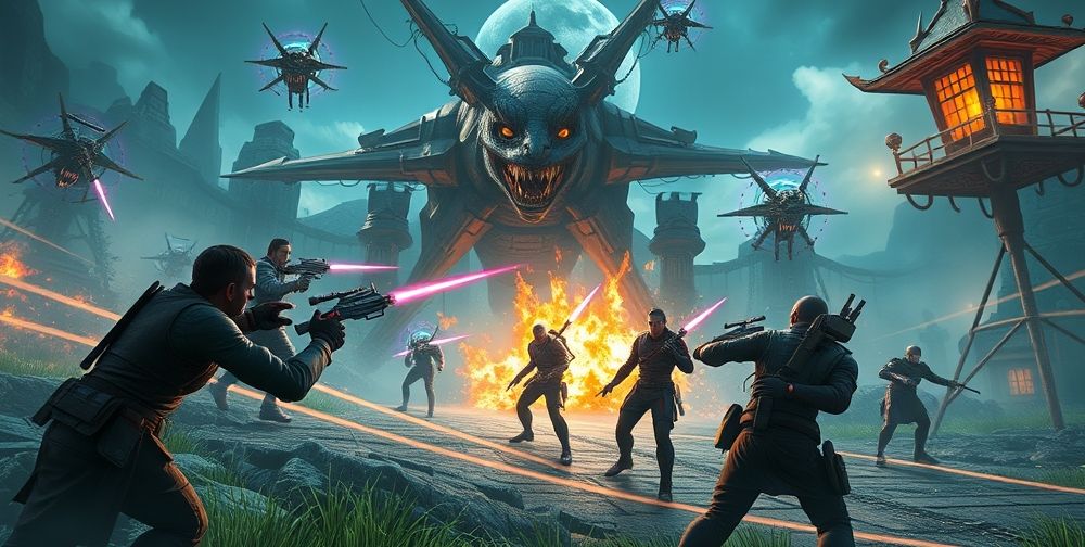 A dynamic open-world gaming scene with AI-powered enemies reacting intelligently to player actions, lush environments, real-time lighting and atmospheric effects, and characters showing a range of facial expressions.