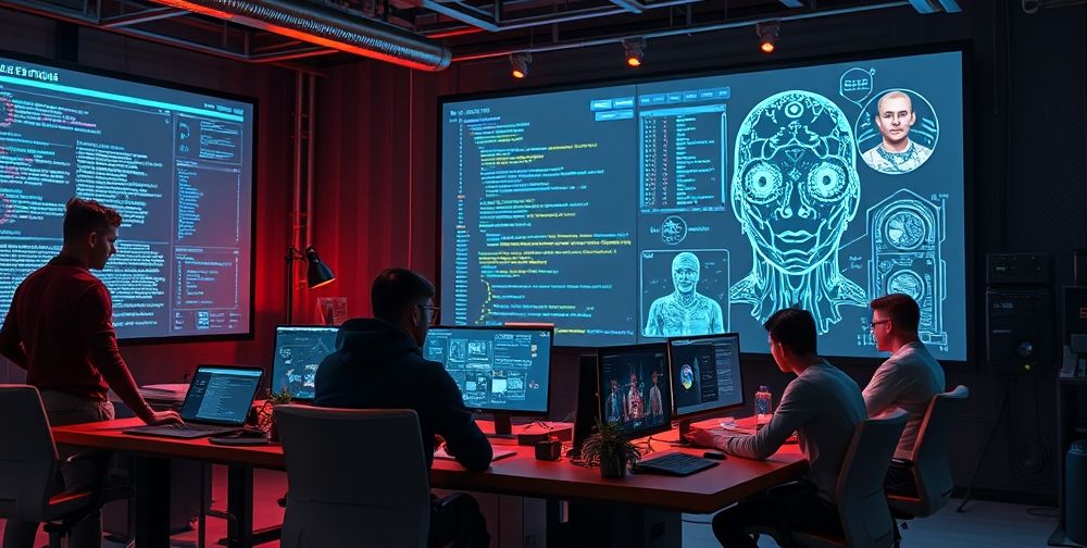 A futuristic game design studio with diverse developers collaborating around large screens showing complex AI code, concept art, and 3D avatars. A visible timeline highlights advances in AI game development.