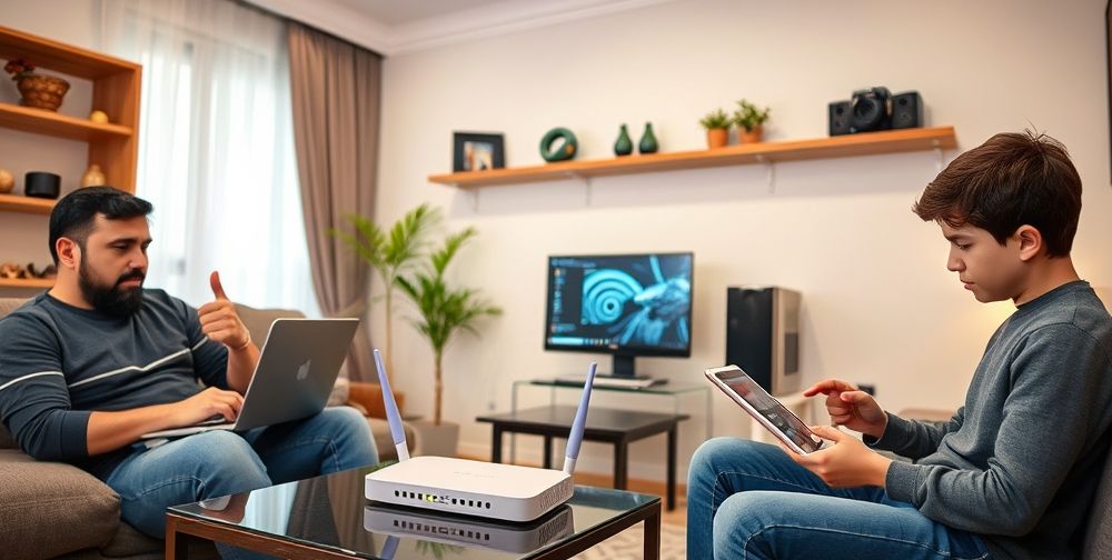 A modern Iranian home interior with a family using various devices: one on a laptop adjusting Wi-Fi router settings, another gaming on a PC, a teen checking ping statistics on a tablet. The modem router has visible status LEDs.