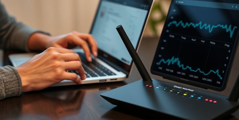 A close-up of a person reconfiguring DNS settings on a laptop, while another device shows a real-time ping latency graph dropping lower. Nearby, a router with signal strength icons is visible.