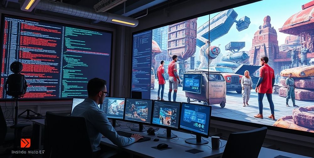 Inside a futuristic game development studio, designers monitor large screens filled with AI-driven character behavior code and vibrant 3D renderings of in-game environments and NPCs, showcasing the merging of technology and creativity.
