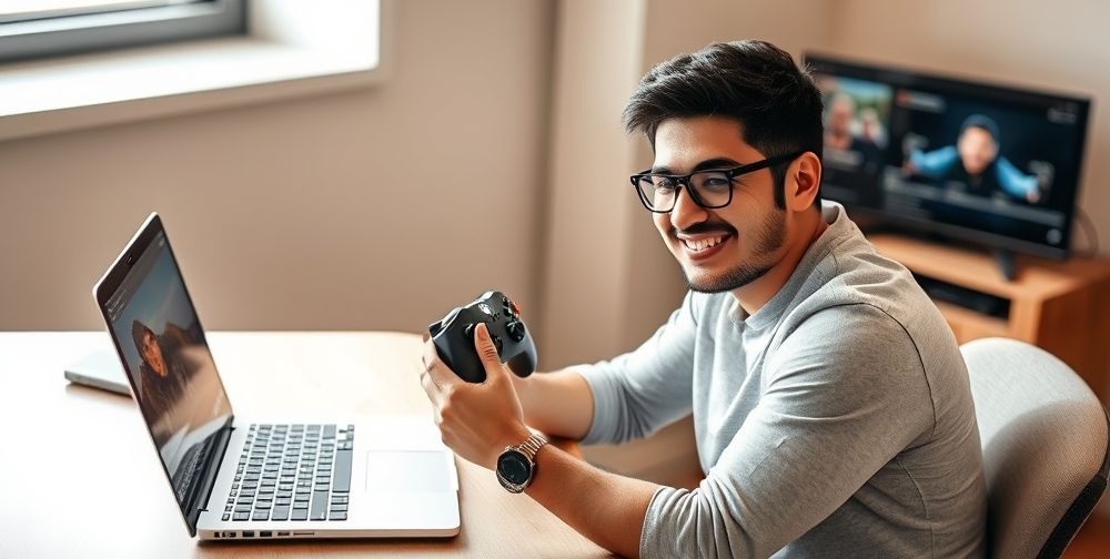 A smiling Persian gamer sitting at a modern desk, carefully adjusting Xbox Series X controller in front of an open laptop, with streaming software dashboard visible on screen and hints of natural sunlight from a window.