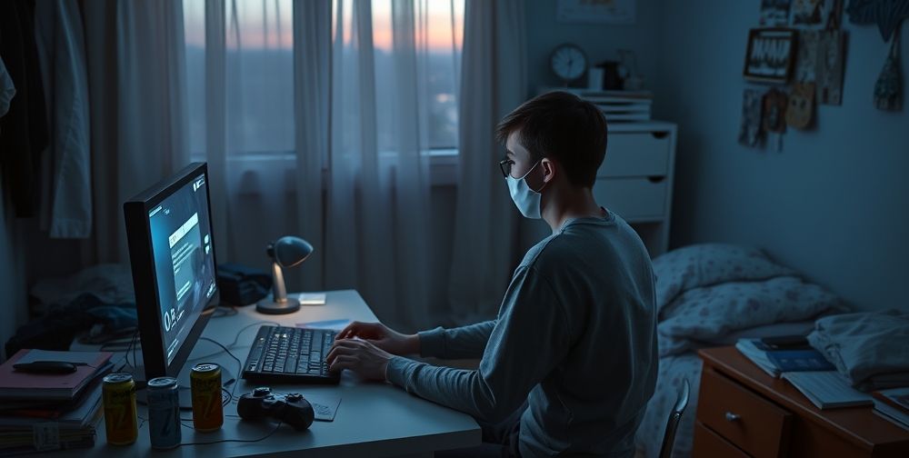 A teenage bedroom at dusk with soft light, where a teenage boy sits alone at a desk playing video games. Signs of isolation: empty energy drink cans, messages on the screen, and a slightly messy space.