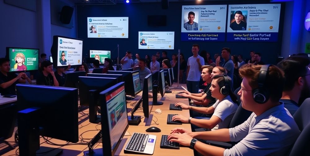 A dynamic fundraising gaming livestream with excited players at computers, donation notifications popping up on the screen, cheerful chat audience, and banners showing humanitarian aid goals.