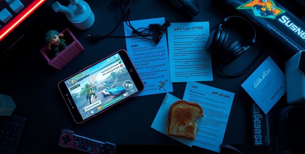 An overhead view inside a young Persian gamer’s room: smartphone with action game open, detailed sticky-notes with Persian tips on effective strategies, tactical guides, headphones hanging, and a half-eaten sandwich on the desk. The room is accented by LED strips and playful figurines.