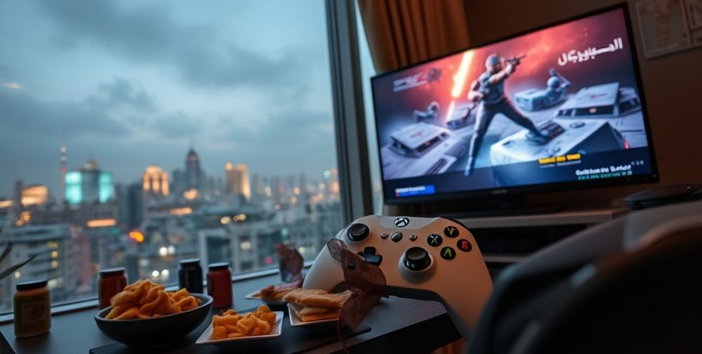 A dynamic scene of an Iranian gaming setup, with a large HDTV displaying an action-packed Xbox game, a genuine Series X controller in hand, and Persian snacks on the desk. Evening Tehran skyline is visible through the window, capturing the local gaming vibe.