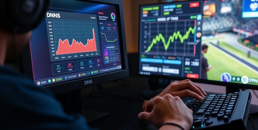 A close-up of a PC screen showing a DNS benchmarking software in use, next to a competitive gamer concentrating intensely on a popular multiplayer match. Detailed visual elements include graphs indicating latency, response times, and the gamer’s hands on mechanical keyboard, highlighting the importance of optimizing DNS for minimal ping.