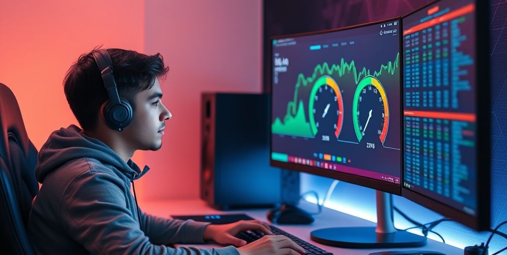 A young Iranian gamer at a desk, focused on a gaming monitor showing low ping rates, vibrant internet speed icons, and a background displaying DNS server charts.