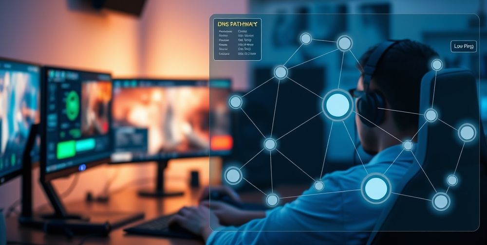 A modern gaming setup with a player intensely focused on a high-speed online match, screens showing low ping indicators, and a networking diagram overlay visualizing optimized DNS pathways, all in a softly-lit tech-inspired environment.