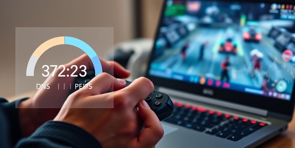 A close-up of a gamer’s hands holding a console controller next to a gaming laptop, with graphical overlays illustrating data speed, DNS IP numbers, and digital latency waves. The background shows a dynamic online game in progress.