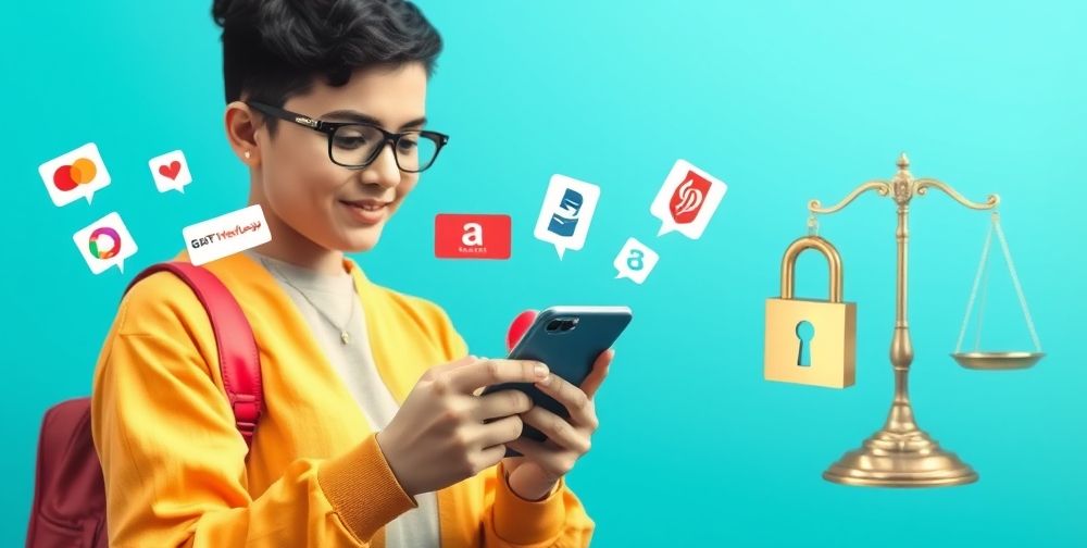 A vibrant scene of a young person shopping for digital gift cards via a secure Persian marketplace website on their phone, surrounded by floating icons of major international platforms, with a gentle lock symbol and legal balance scales in the background.