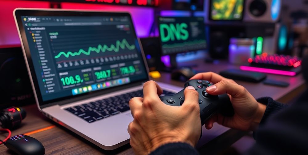 A close-up shot of hands on a gaming controller next to a laptop showing real-time DNS speed and latency benchmarking charts, set against a modern gamer’s desk with RGB lighting and gaming peripherals.