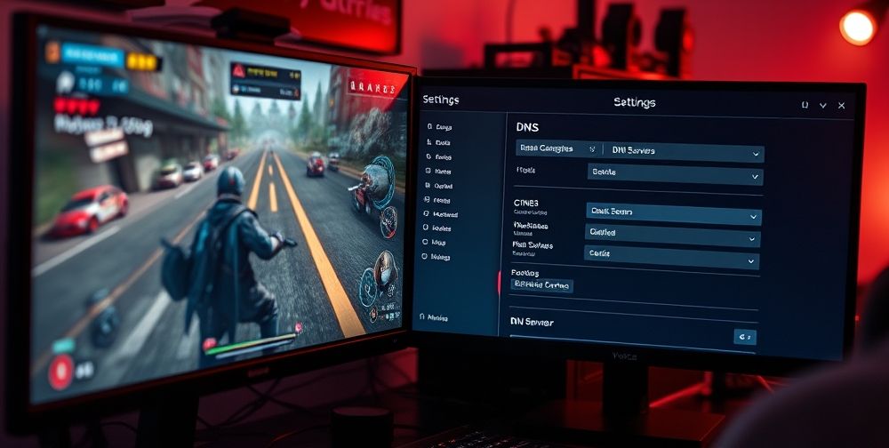 A close-up photo of a gamer’s dual-monitor setup, showing a fast-paced online game on one screen and a settings menu where DNS servers are being manually entered. The room has moody lighting and tech accessories.