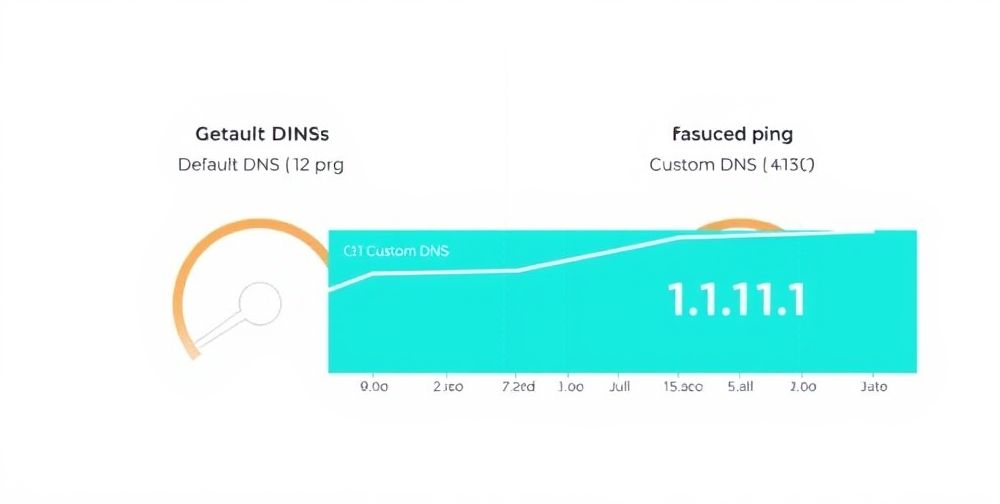 A visual comparison of two internet speed test results: one with default DNS showing high ping and slow speeds, and the other with a custom DNS (e.g., 1.1.1.1) showing reduced ping and faster loading times. An easy-to-understand chart overlays the image.