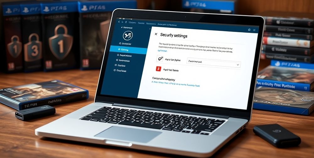 An open laptop showing the Steam security settings screen, with icons of padlocks and shields, and a user carefully setting up two-factor authentication. In the background, physical backup drives and game cases are neatly arranged, emphasizing security and backup.