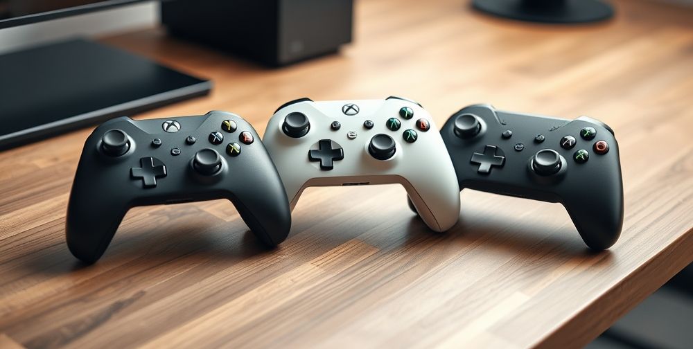 A close-up view of three modern game controllers (Xbox, PlayStation, and Nintendo Switch Pro) on a sleek wooden desk, showing off unique ergonomic designs and textured grips under soft studio light.