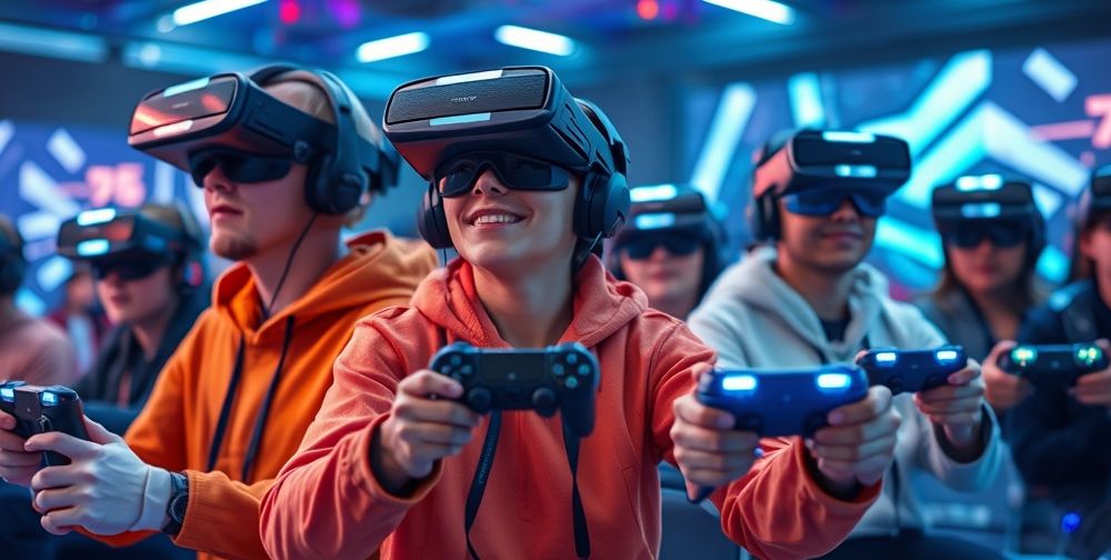 A futuristic scene showing diverse gamers immersed with advanced controllers, featuring holographic buttons, motion-tracking sensors, and AI voice command, all surrounded by virtual reality and augmented reality visuals.