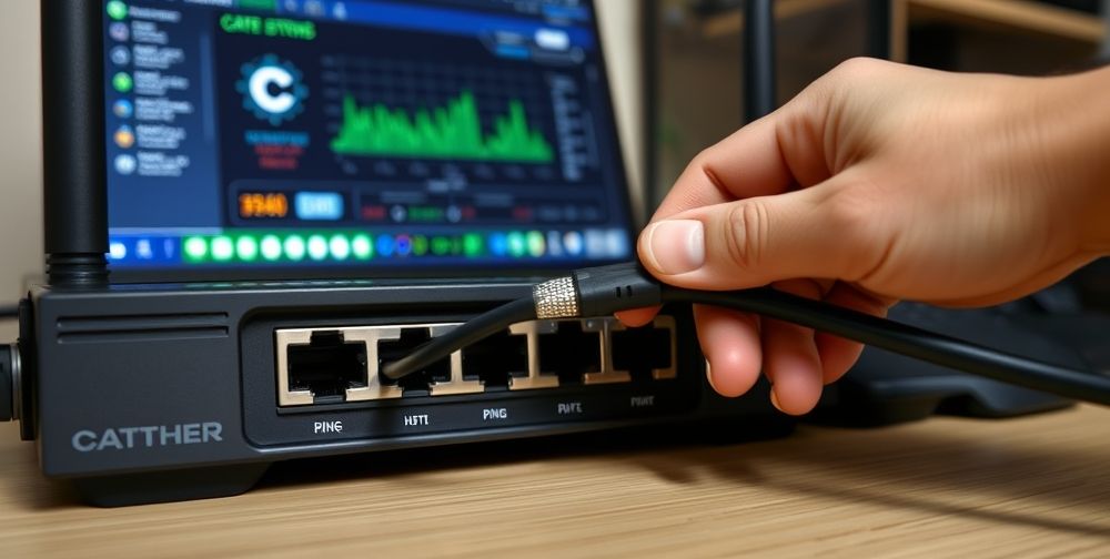 Close-up shot of hands connecting a high-quality CAT6 ethernet cable to a modern gaming router, surrounded by labeled network ports. A laptop displays network stats in the background, showing ping improvements.