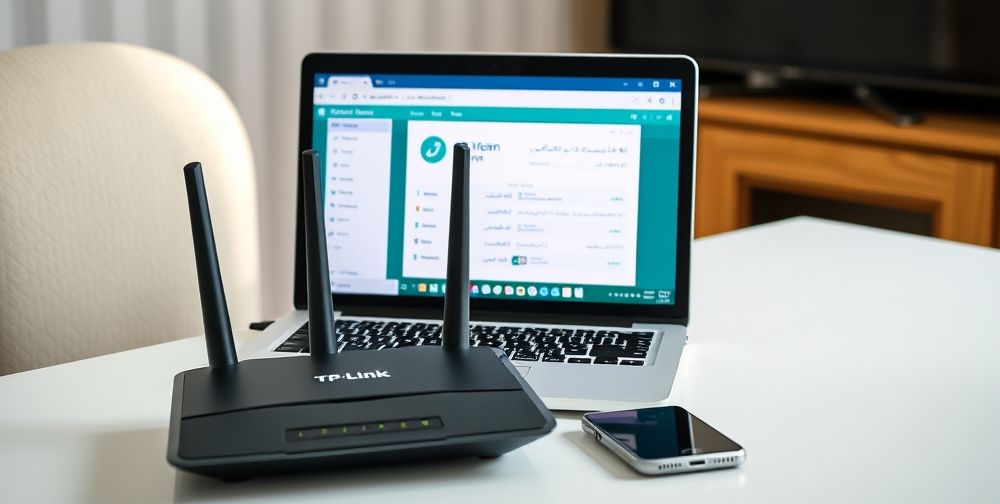 A clear, well-lit Iranian home network setup showing a TP-Link or D-Link router placed beside a laptop and a smartphone. The router admin panel is open on the laptop screen, visibly displaying the DNS settings interface with both Persian and English text.