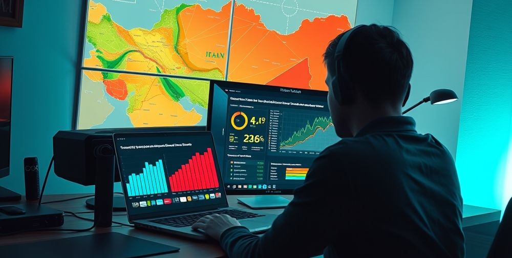 A detailed desktop scene of a gamer comparing DNS server options on a laptop, with colorful charts showing ping speeds. A map of Iran in the background highlights optimal networks for Xbox.