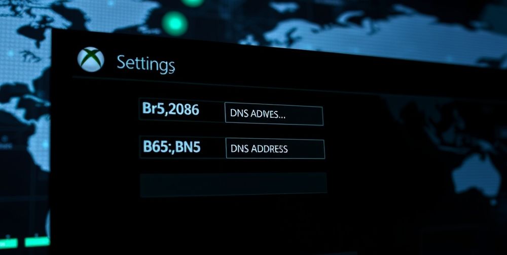 A close-up of an Xbox console settings screen where the user is manually changing DNS addresses, with digital world maps in the background illustrating expanded global access and enhanced cybersecurity.