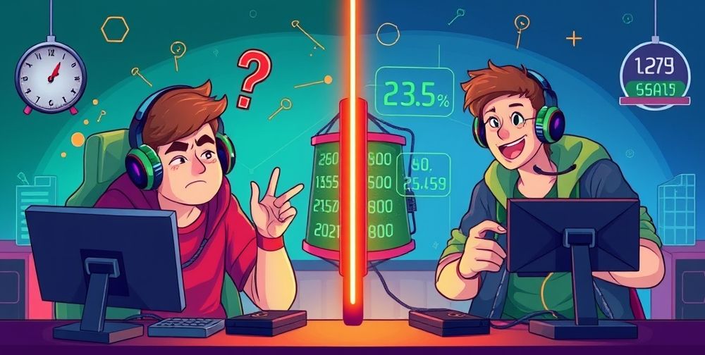 A split-scene illustration showing a frustrated gamer with high ping and connection drops on one side, and a happy gamer with smooth gameplay and green latency numbers on the other. Both scenes are full of vivid colors and gaming equipment details.