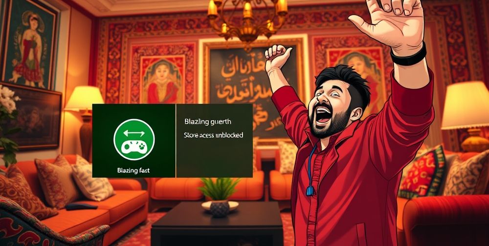A detailed illustration of an Xbox dashboard showing high-speed connection and “Store Access Unblocked” message, with a cheerful Iranian gamer in the foreground celebrating success. The scene has modern Persian home elements to visually connect with the audience.
