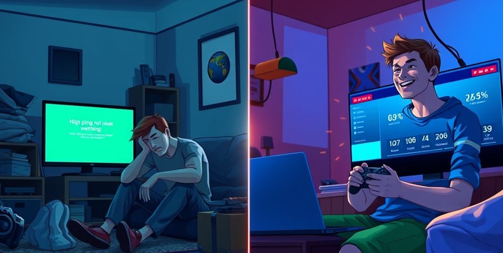 A split-view illustration: On one side, a frustrated gamer faces high ping and connection errors on Xbox; on the other, a happy player enjoys a smooth, fast online match thanks to better DNS settings. Realistic lighting and focus on the Xbox interface.