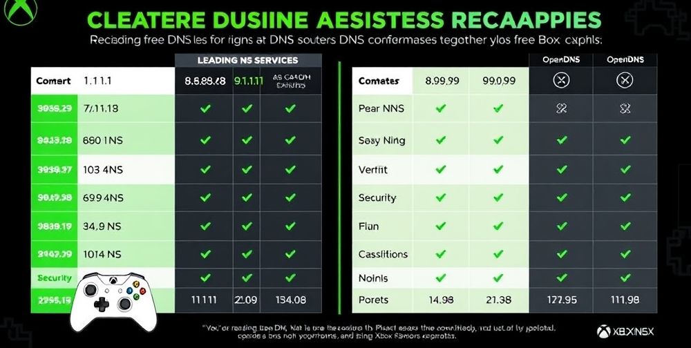A side-by-side comparison table illustration, showing major free DNS providers (1.1.1.1, 8.8.8.8, 9.9.9.9, OpenDNS) with speed and security icons, tuned visually for gamers using Xbox consoles.