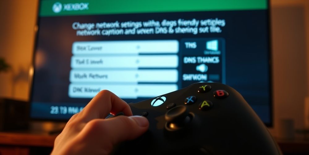 A close-up of an Xbox user adjusting network settings on screen, their hand on the controller, with technical graphics illustrating DNS change steps, environment well-lit and friendly, conveying ease of setup.