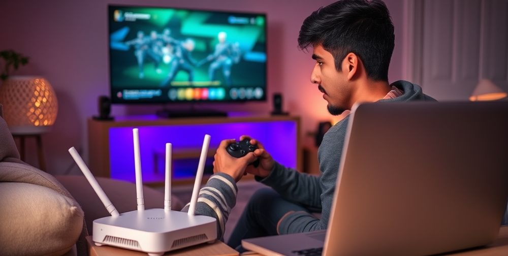 A modern Persian teenager intensely playing Xbox in a cozy gaming room, focusing on the screen showing an online game, with a router and a laptop open beside for DNS tweaking. Soft LED lighting creates a tech-savvy atmosphere.