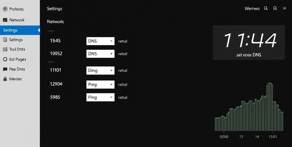 A screenshot-style composition showing an Xbox network settings menu with highlighted DNS fields set to public DNS values, and a visible improvement in the ping graph beside it. A digital clock displays 11 خرداد, 1404.