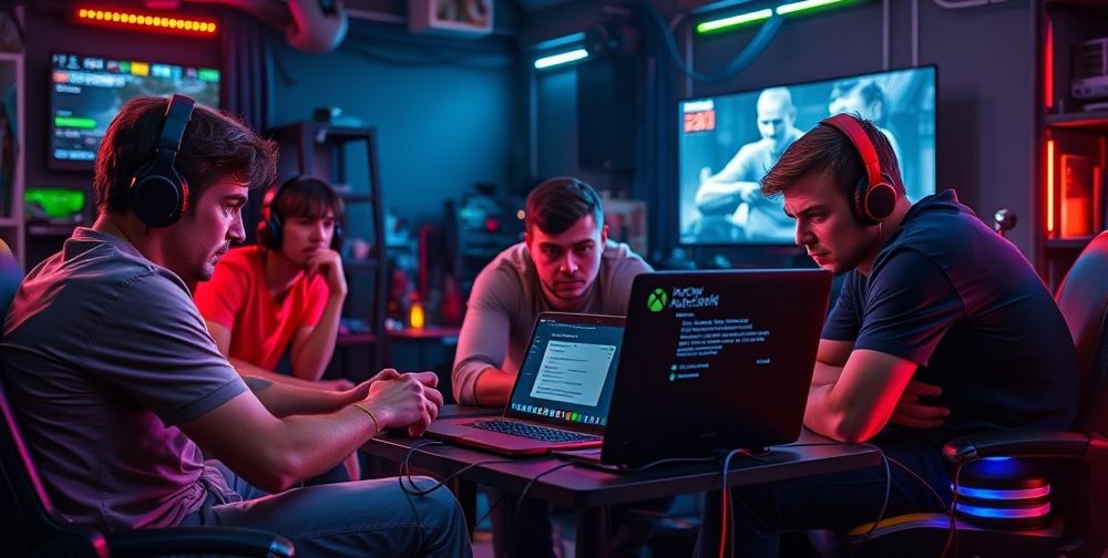 A dynamic scene of a competitive Xbox racing game split-screen tournament, where players are frustrated by lag icons and error messages, while in the background, a tech-savvy friend configures the network DNS settings on a laptop beside the console, surrounded by Ethernet cables and gaming gear.