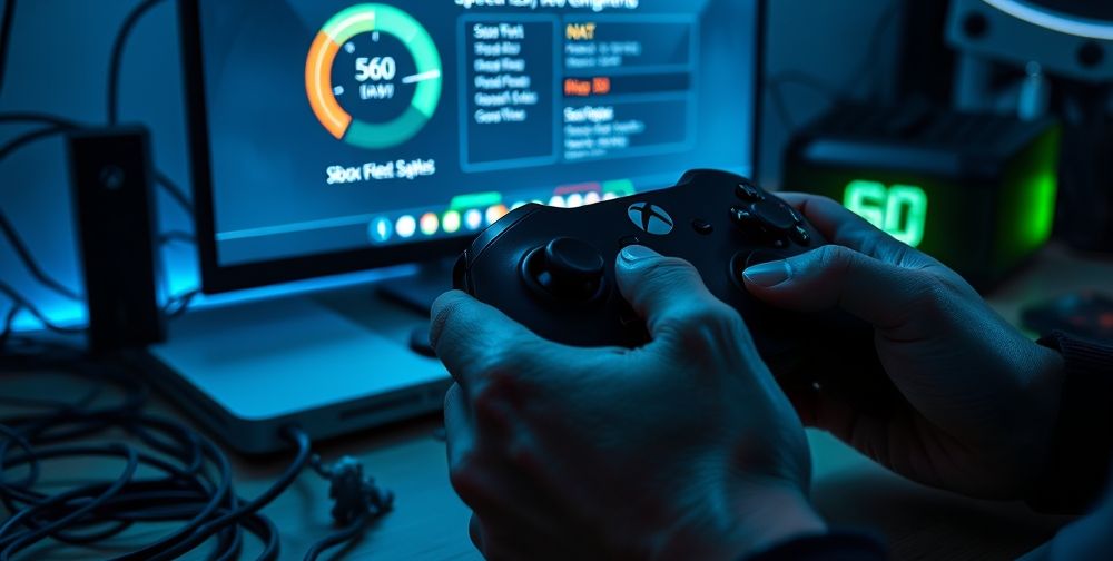 Close-up of hands holding an Xbox controller, screen showing a speed test and NAT status after applying new DNS settings. Background elements include network cables, a modem, and subtle game character figures to evoke a gamer’s desk vibe.