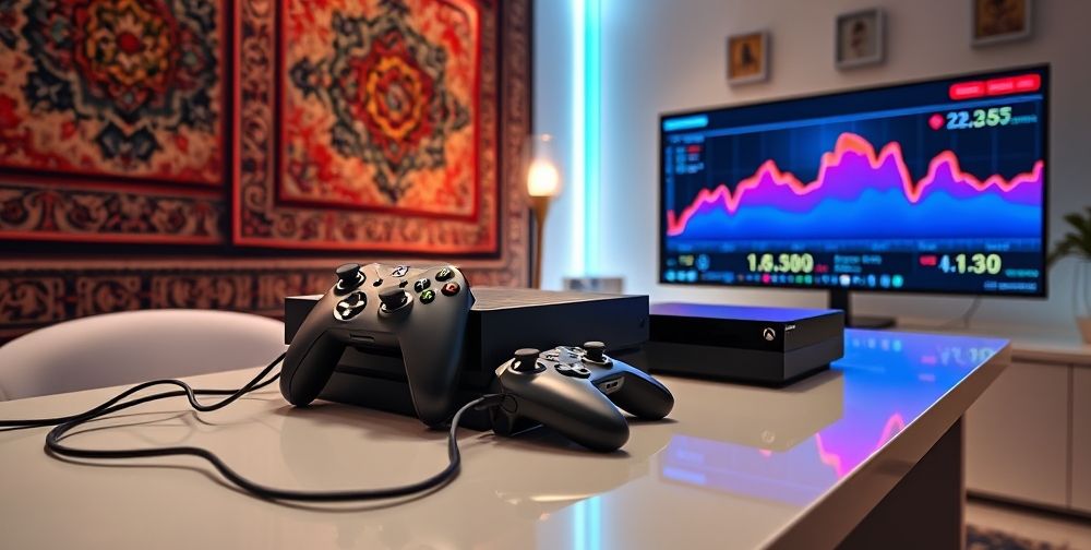 An Xbox Series X and Xbox Series S on a sleek gaming desk with glowing controllers, network cables, and a graphical speed monitor on a vibrant screen in a modern Persian gaming room.