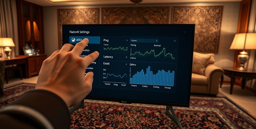 A close-up of an Xbox dashboard menu showing network settings, a hand changing DNS entries, with animated ping and latency graphs overlayed on the screen, all in contemporary Persian home decor.