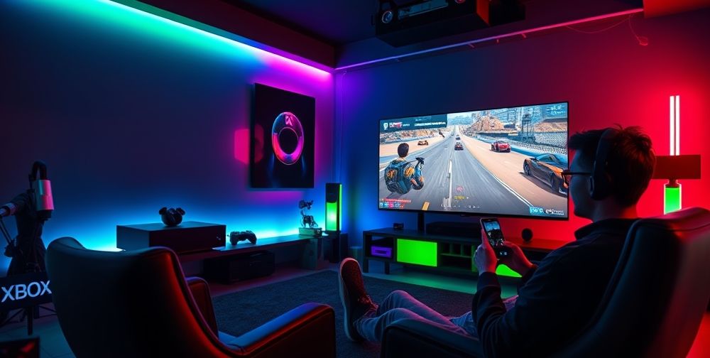 A modern gaming room with an Xbox Series X setup, glowing RGB lights, a big screen showing a low-latency online match, and a gamer tweaking DNS settings on a smartphone.