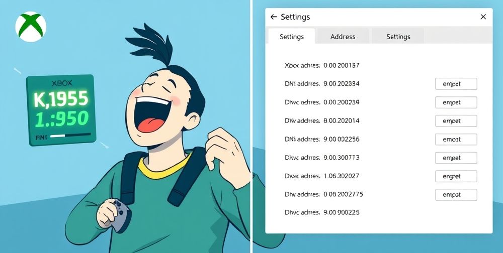 A split-screen visual: On one side, an Xbox gamer celebrates after seeing reduced ping on their game stats; on the other, a simple settings interface showing different DNS addresses being entered, clear and easy to follow.