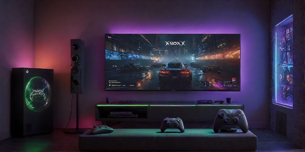 A modern gaming setup with an Xbox Series X and controller in focus, a TV displaying a fast-paced multiplayer game, and network connection graphs on a side monitor showing improved ping and lower latency.