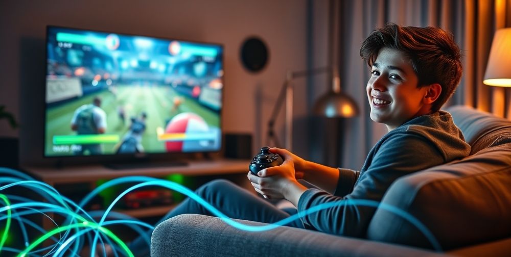 A happy young gamer sitting on a couch with an Xbox controller, a TV showing a no-lag multiplayer game, download progress bars advancing fast, and network cables glowing to highlight speed.