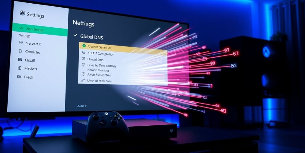 A modern Xbox Series X console next to a TV, showing network settings menu overlaid with icons of fast-moving digital data streams, to illustrate choosing global DNS settings for gaming performance improvement.