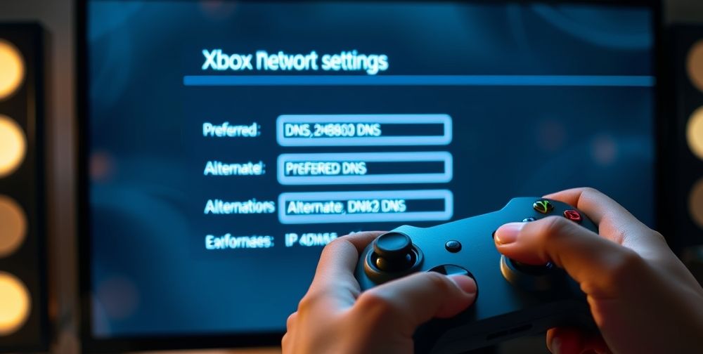 A close-up shot of Xbox network settings on a screen, with hands entering preferred and alternate DNS IP addresses on a controller, emphasizing careful customization for optimal online gaming.