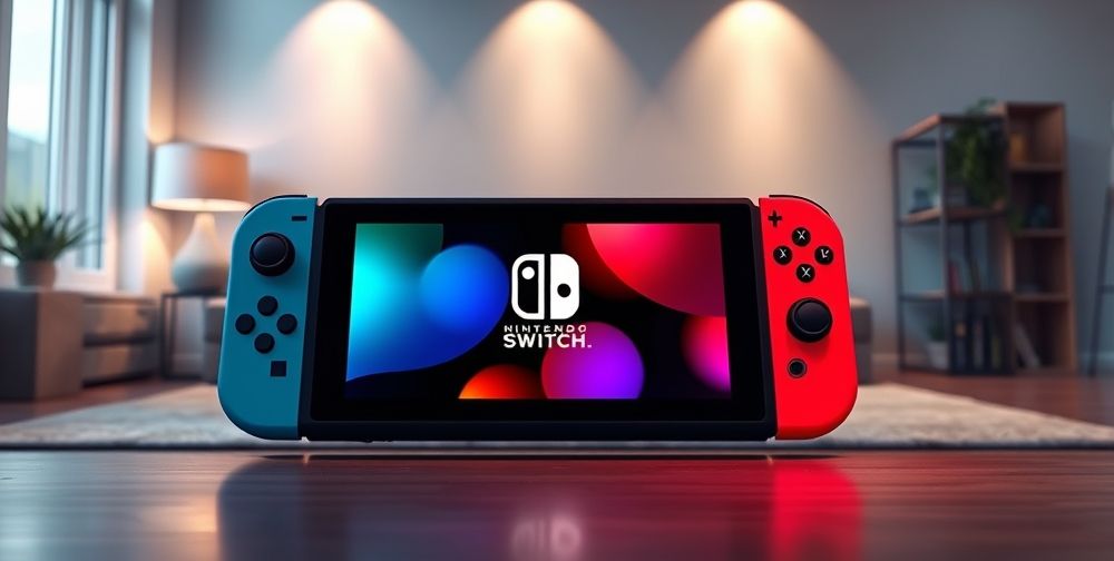 A beautifully rendered concept image of the Nintendo Switch 2 in a modern living room, featuring sleek hardware with dual detachable controllers, vibrant illuminations on the screen, and iconic Nintendo branding, appealing to gaming enthusiasts.