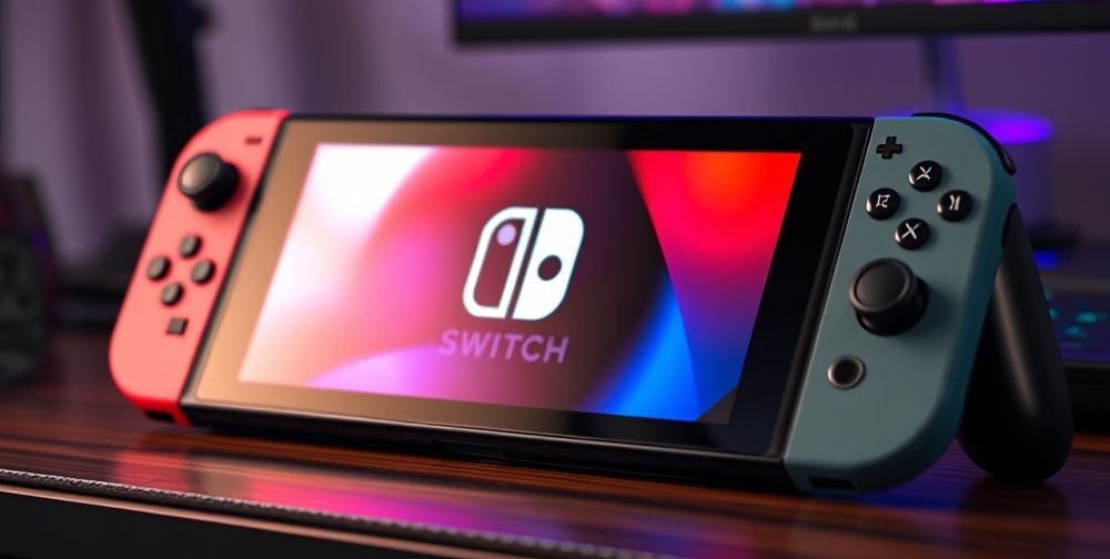 A close-up shot of the rumored Nintendo Switch 2 hardware, revealing its upgraded OLED display glowing with vibrant game graphics, advanced cooling vents, and a new, high-sensitivity controller design, captured on a stylish gaming desk.