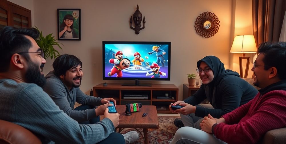 An atmospheric scene showing excited Persian gamers gathered around a TV, playing the rumored Switch 2 with vibrant visuals, plush decor in a Tehran living room, and visible joy and anticipation on their faces.